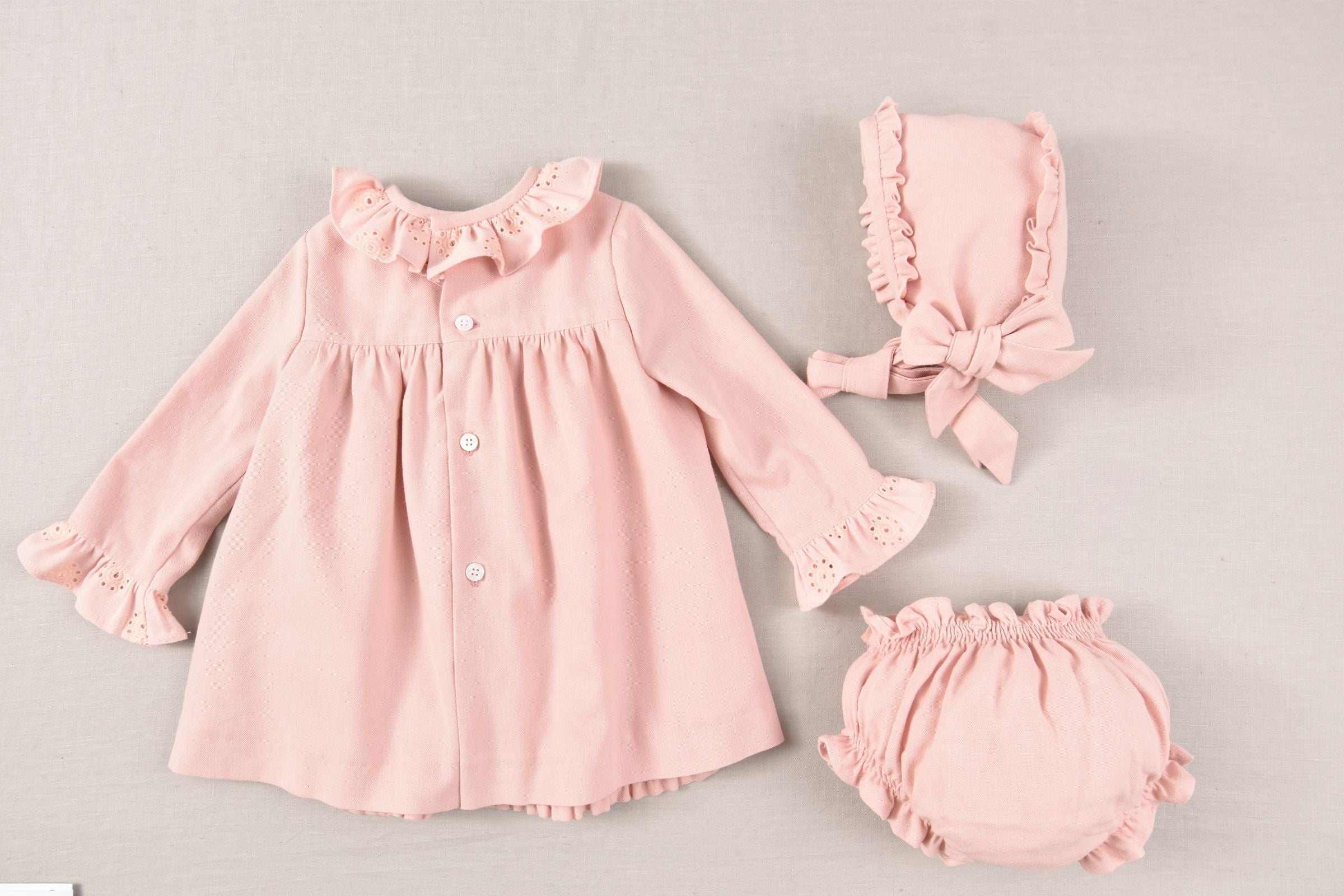 JOSE VARON Baby Girls Dusky Pink Dress with Bonnet & Bloomers