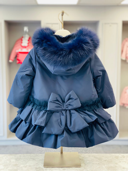 AW25 BIMBALO Girls Navy Coat with Fur & Pearl Trim
