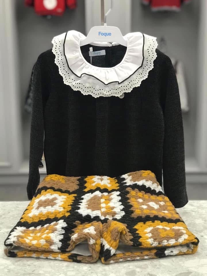 FOQUE Mustard & Black Girls Crochet Short Set