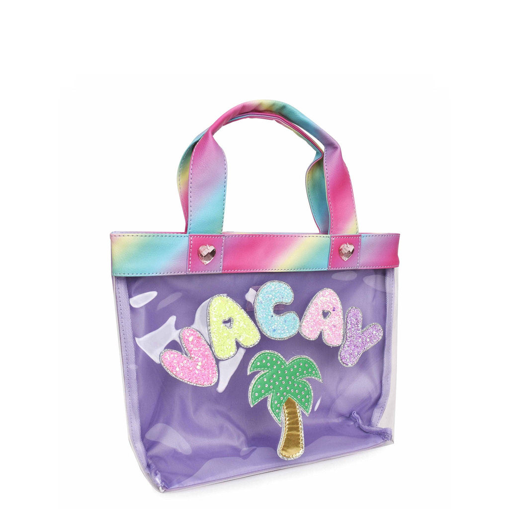 Detail view of OMG Accessories Vacay clear purple mini tote bag