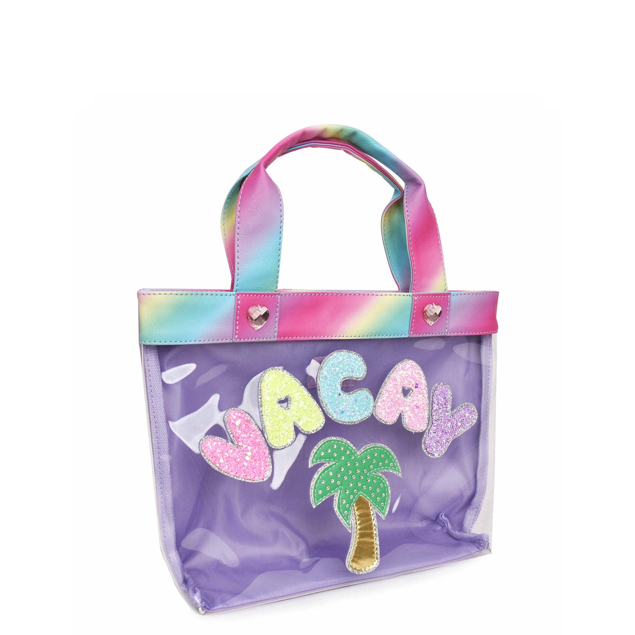 Detail view of OMG Accessories Vacay clear purple mini tote bag