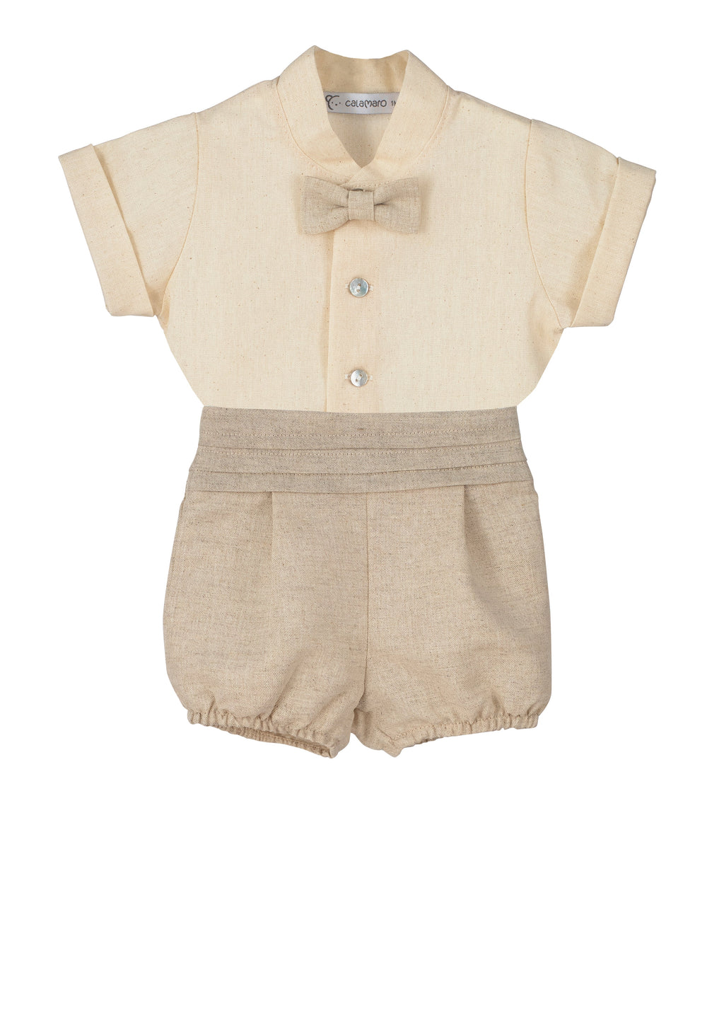 Calamaro Espirulina cream shirt-style baby romper with beige bow tie