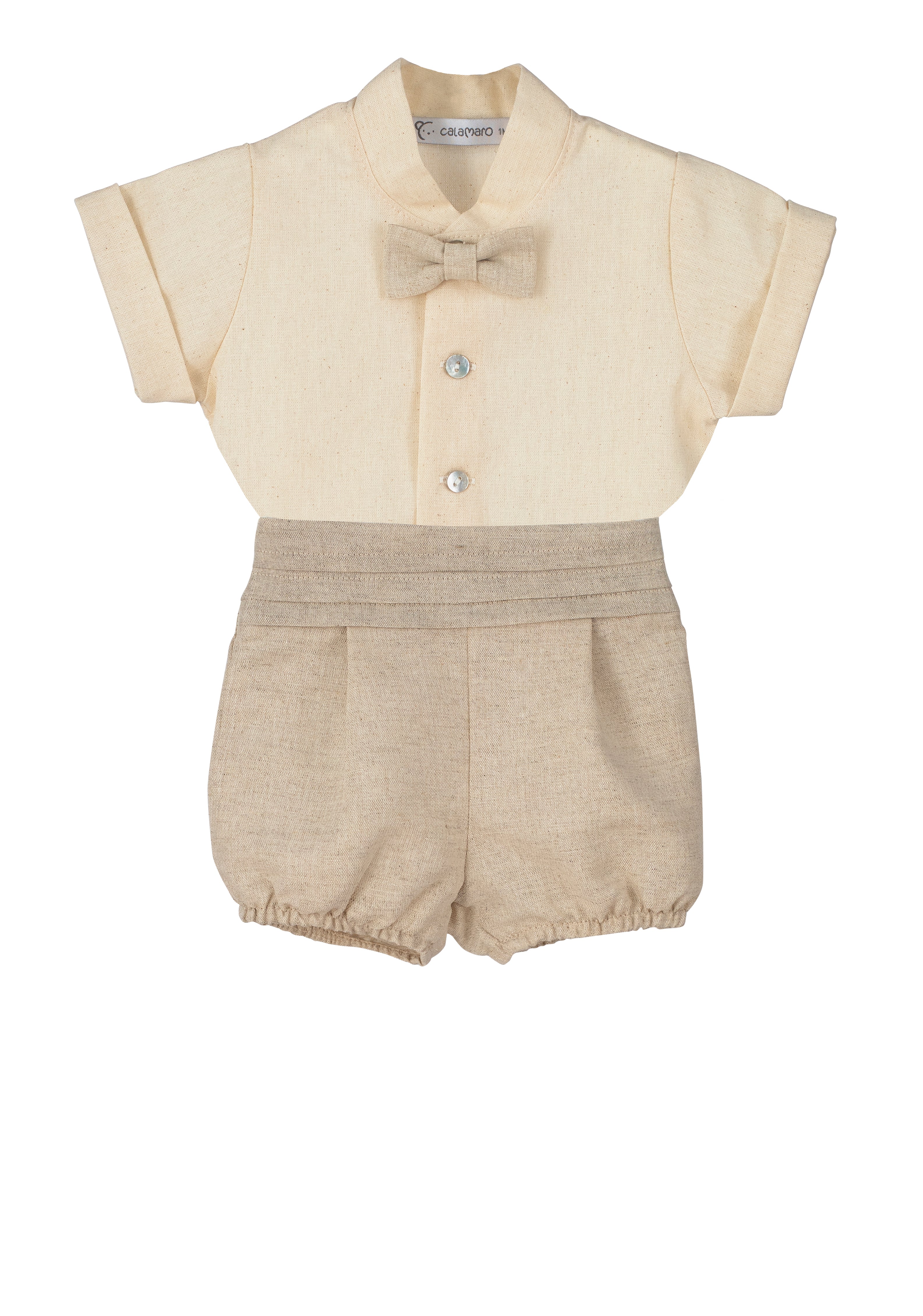 Calamaro Espirulina cream shirt-style baby romper with beige bow tie
