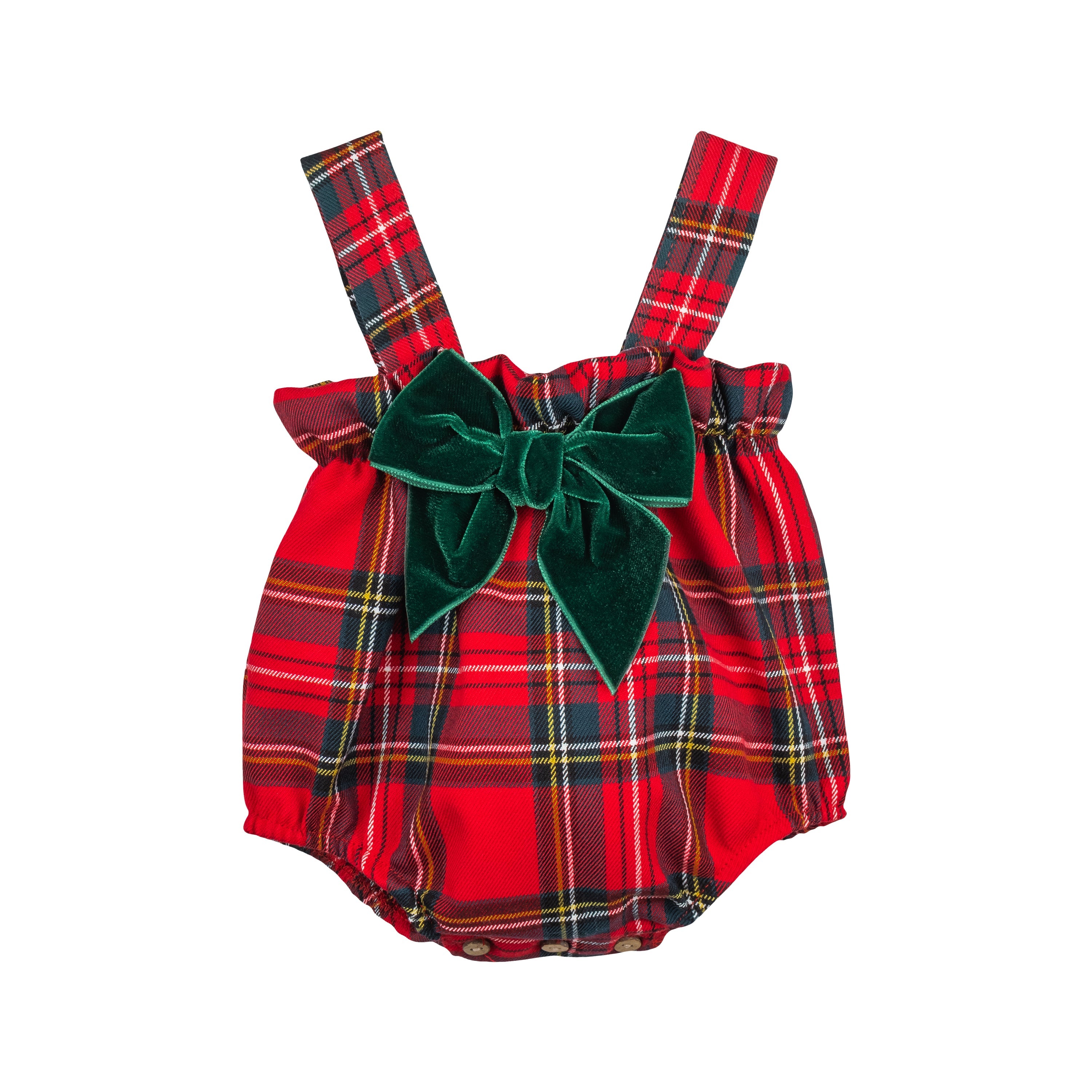 Calamaro Bidasoa red tartan baby girls bubble romper with bottle green velvet bow