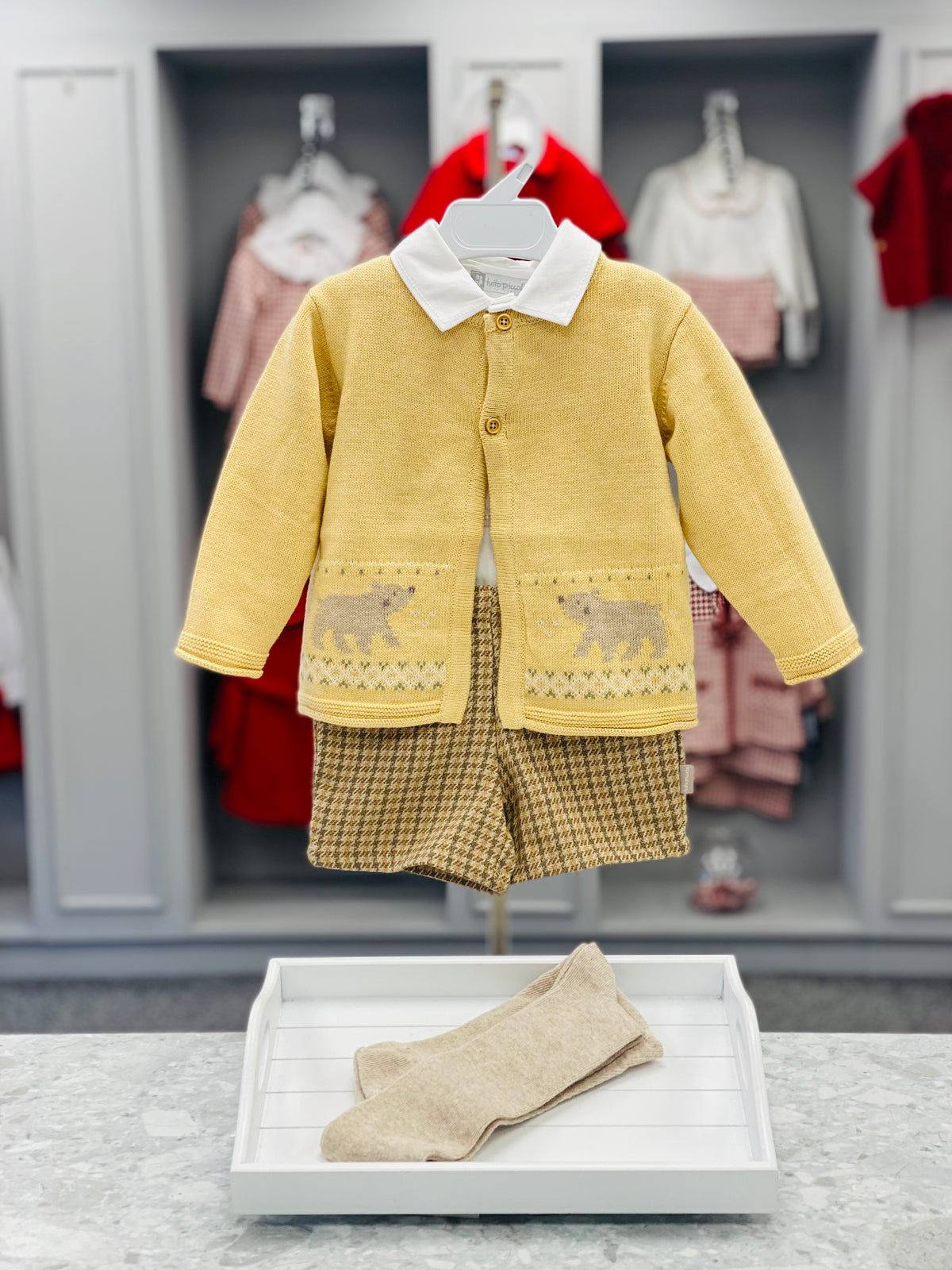 Tutto Piccolo Boys Camel and Mustard Short Set with Bear Knitted Cardigan - full outfit