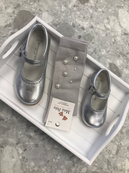 Meia Pata pearl silver lurex girls knee high socks