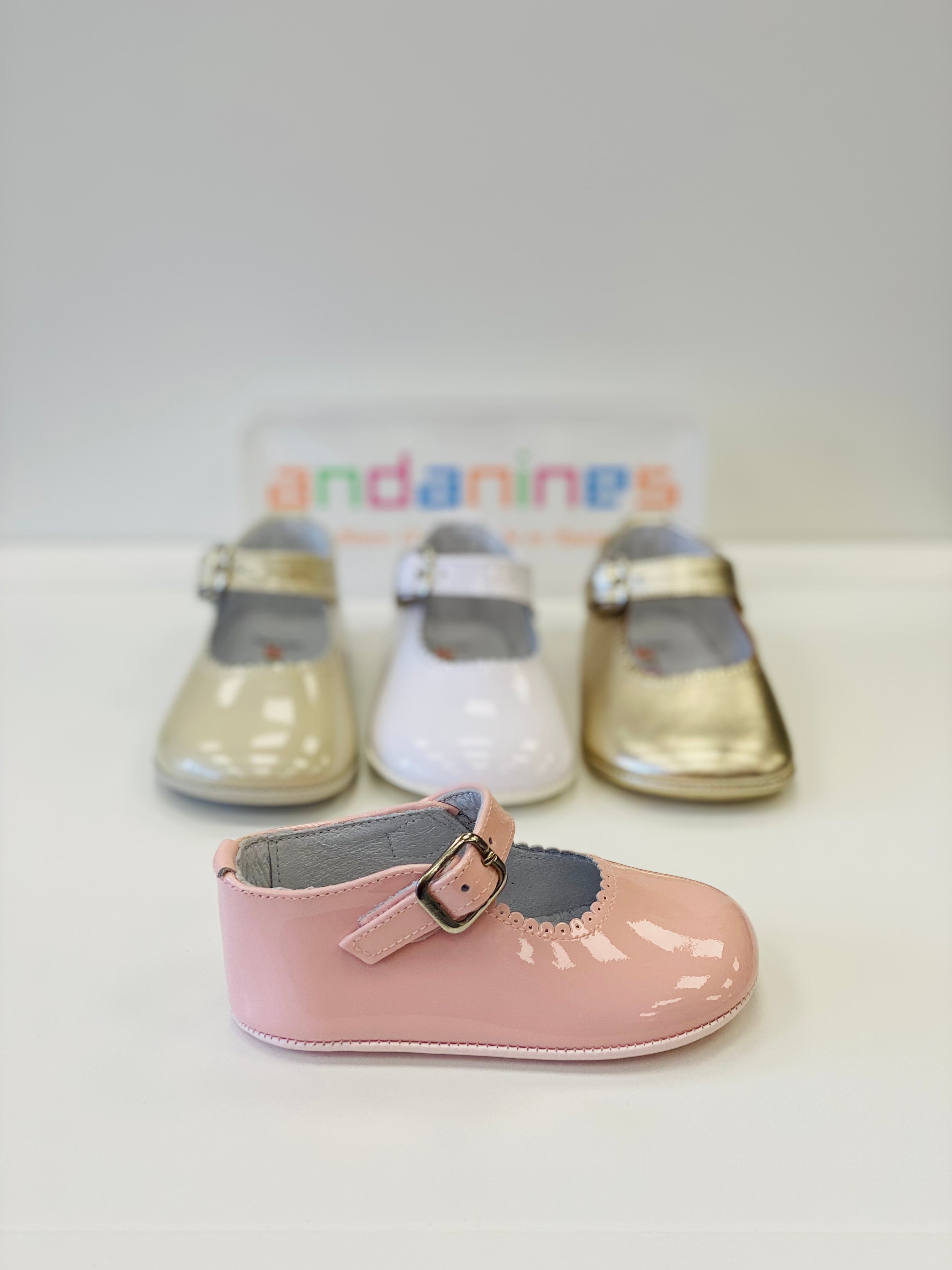 ANDANINES Pink Girls Patent Leather Mary Jane Pram Shoes