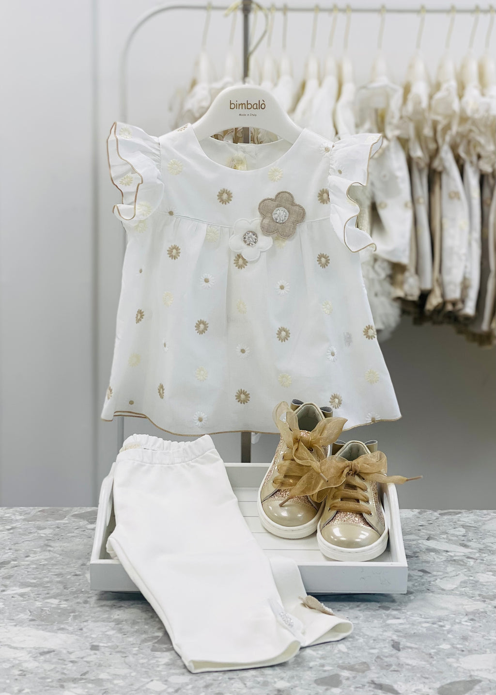 BIMBALO Girls Cream & Beige Floral Embroidered Leggings Set - 8080