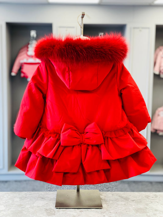 AW25 BIMBALO Girls Red Coat with Fur & Pearl Trim