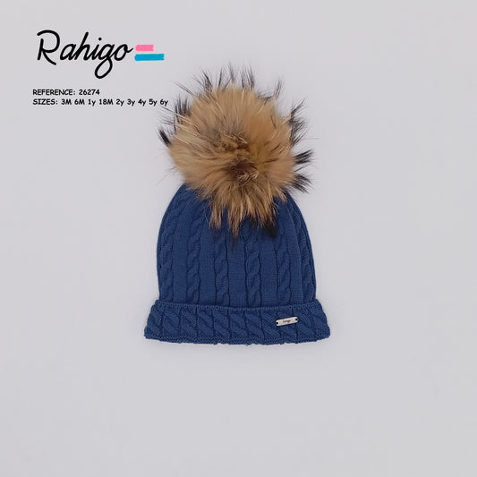 Rahigo Oxford blue boys cable knit hat with natural fur pom pom.