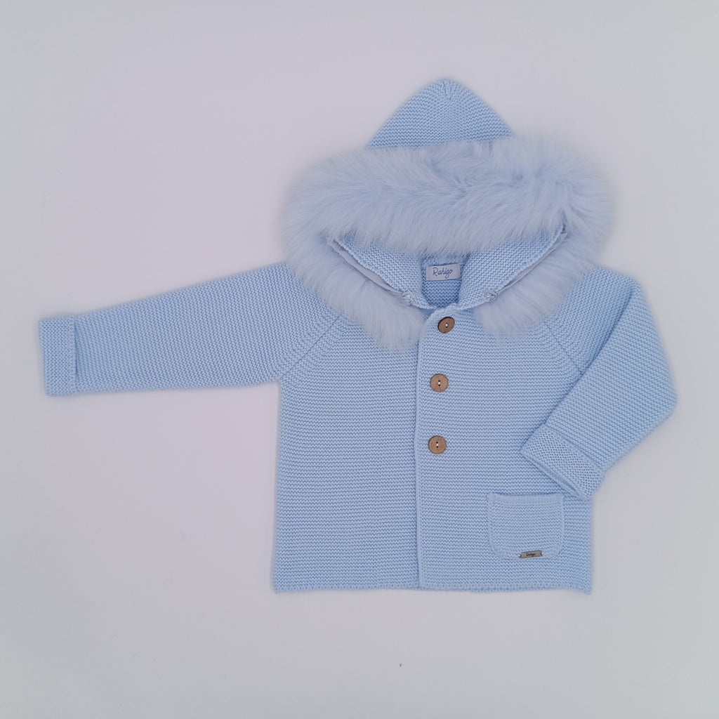 Rahigo boys baby blue double-layer knitted coat with button fastening, front pocket and detachable faux fur-trimmed hood, made in Spain.