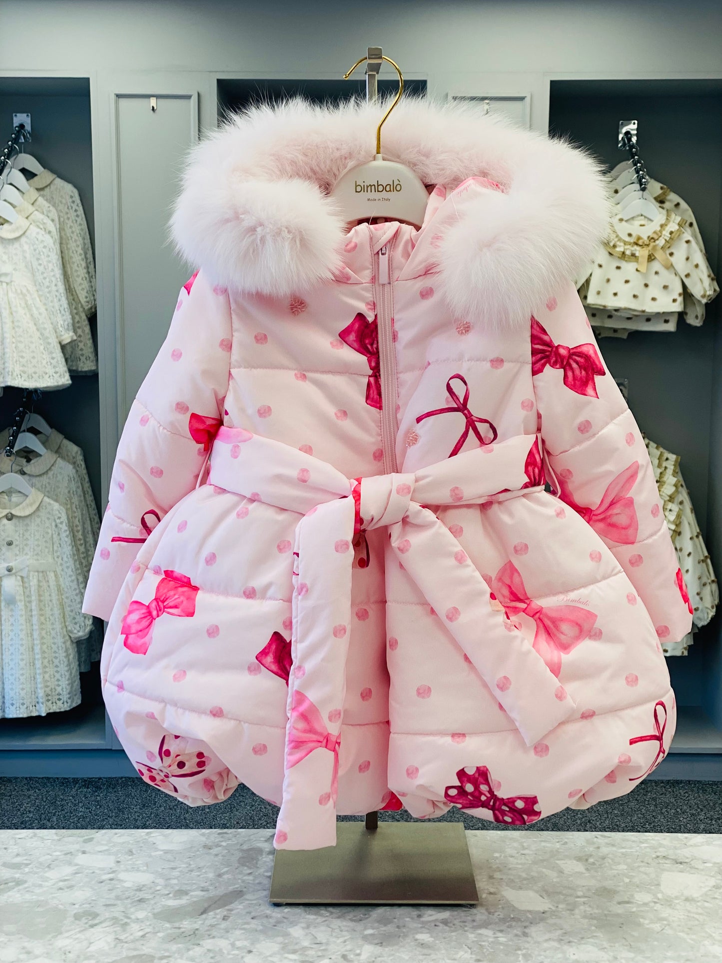 AW25 BIMBALO Girls Pink Bow Print Coat with Fur Hood