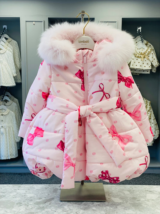 AW25 BIMBALO Girls Pink Bow Print Coat with Fur Hood