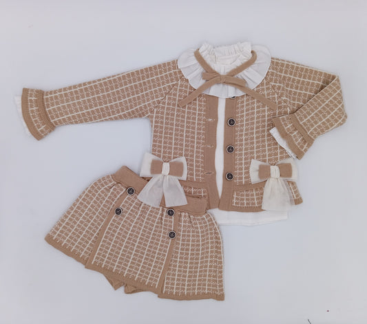 Rahigo camel and cream girls three piece knitted skort set with cardigan, cream blouse and tulle bow.