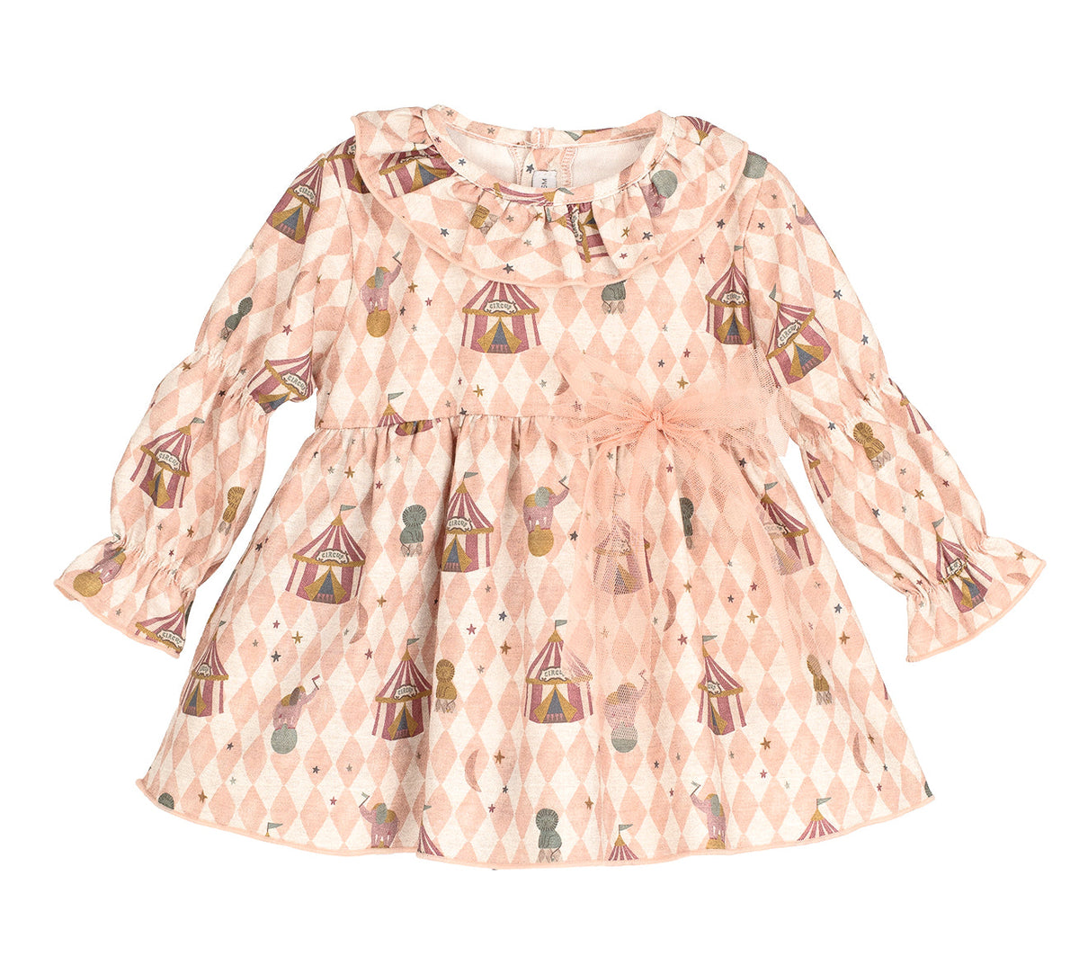 Calamaro Mistral pink harlequin circus-print dress with tulle bow, product view
