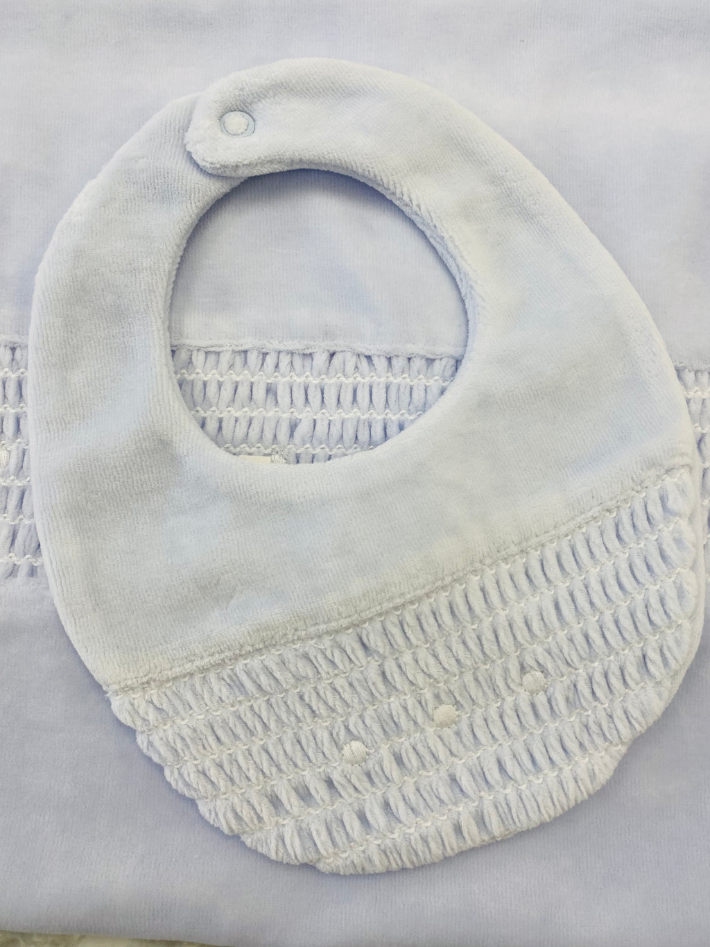 AW25 DEOLINDA Fantasy Boys Blue Velour Smocked Bib - 25B18