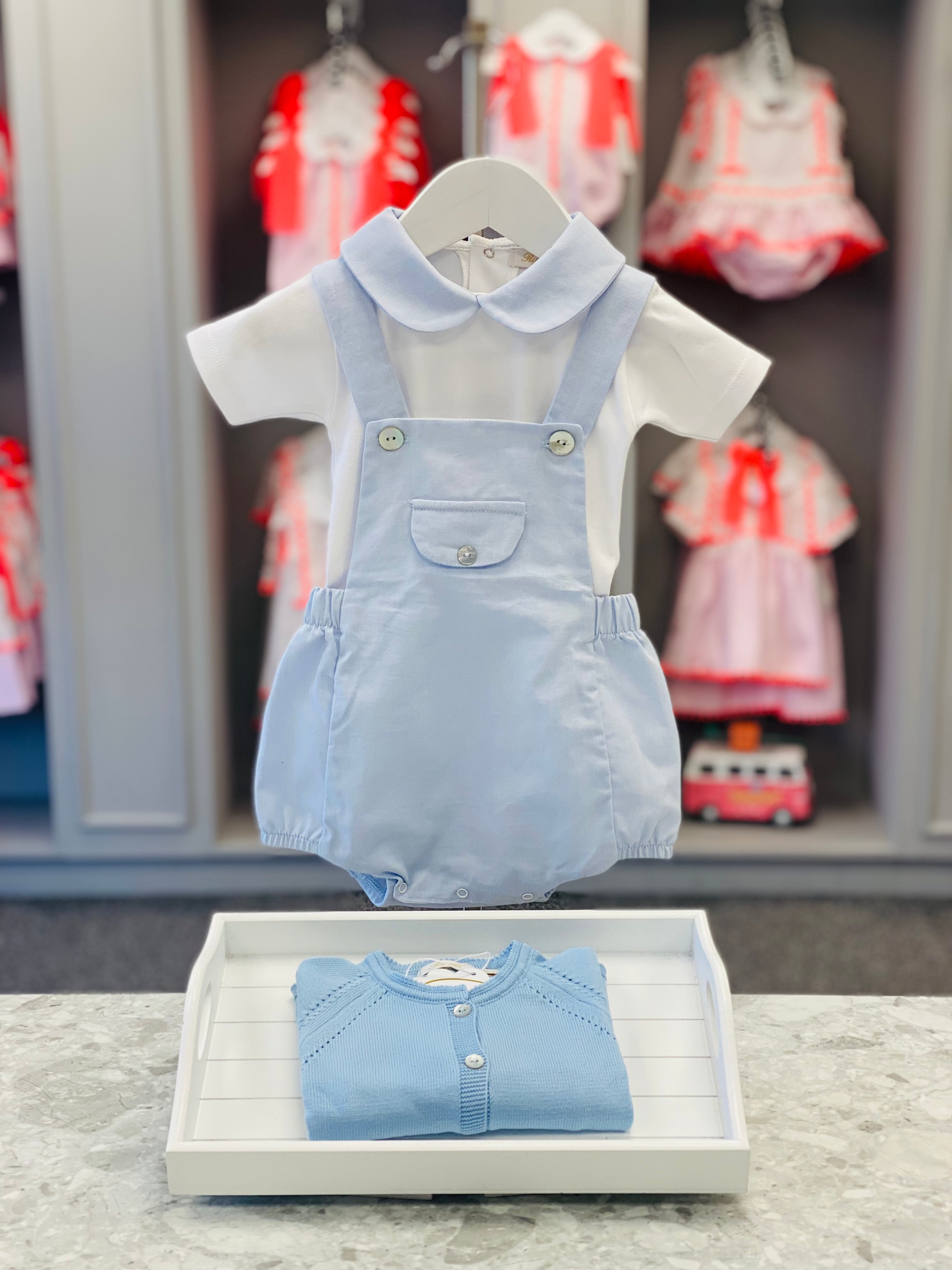 RIGOLA SS25 Boys Sky Blue Cotton & Linen Romper Set with Cardigan - CLEARANCE SALE