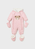 Mayoral baby girls pink padded teddy snowsuit with mittens and booties - front view