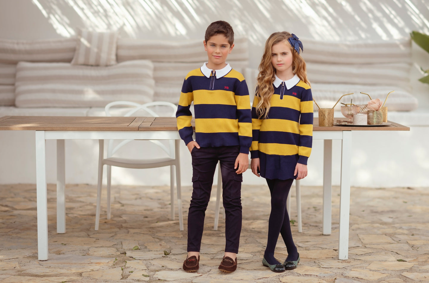 MIRANDA NEL BLU Navy & Mustard Stripe Girls Knitted Polo Dress - 1409