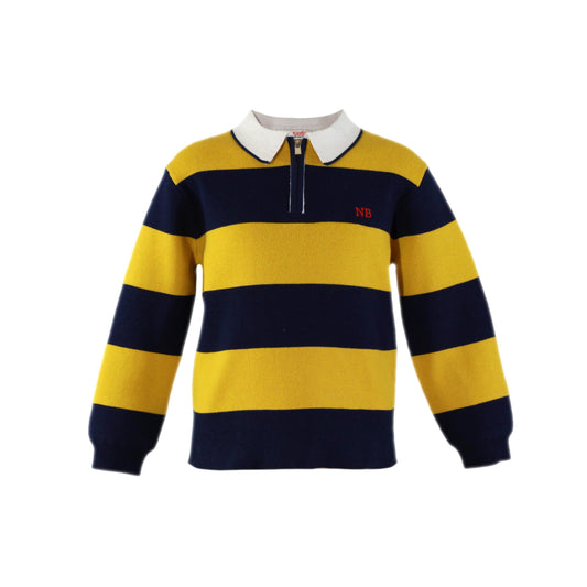 MIRANDA NEL BLUE Navy & Mustard Stripe Boys Knitted Polo Top - 1309