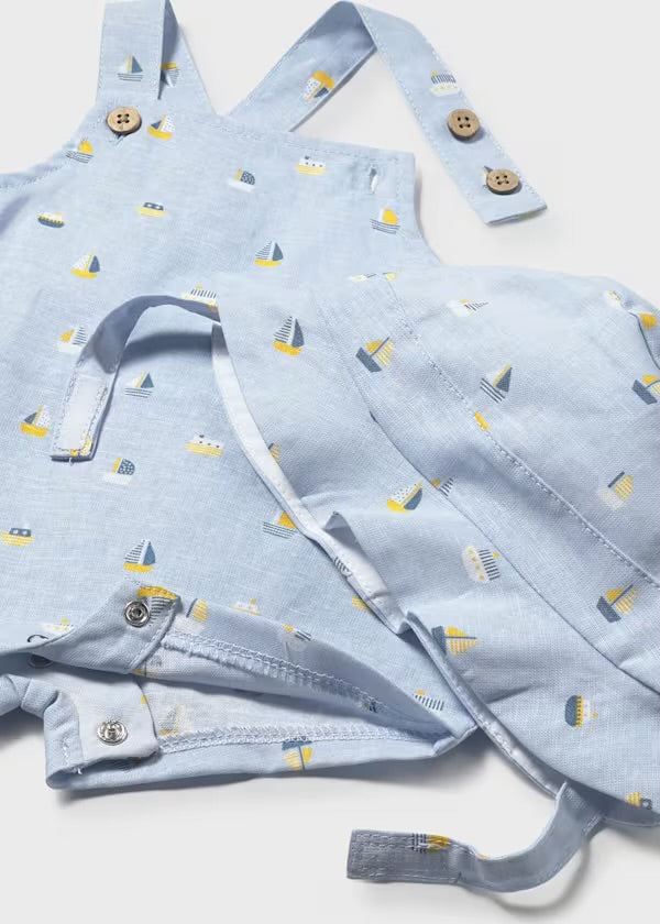MAYORAL Boys Blue Boat Print Dungaree Set with Sun Hat - 1611