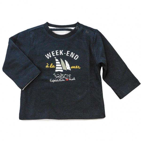 WEEKEND A LA MER Boys Alenvers Navy Stripe Reversible Long Sleeve Top