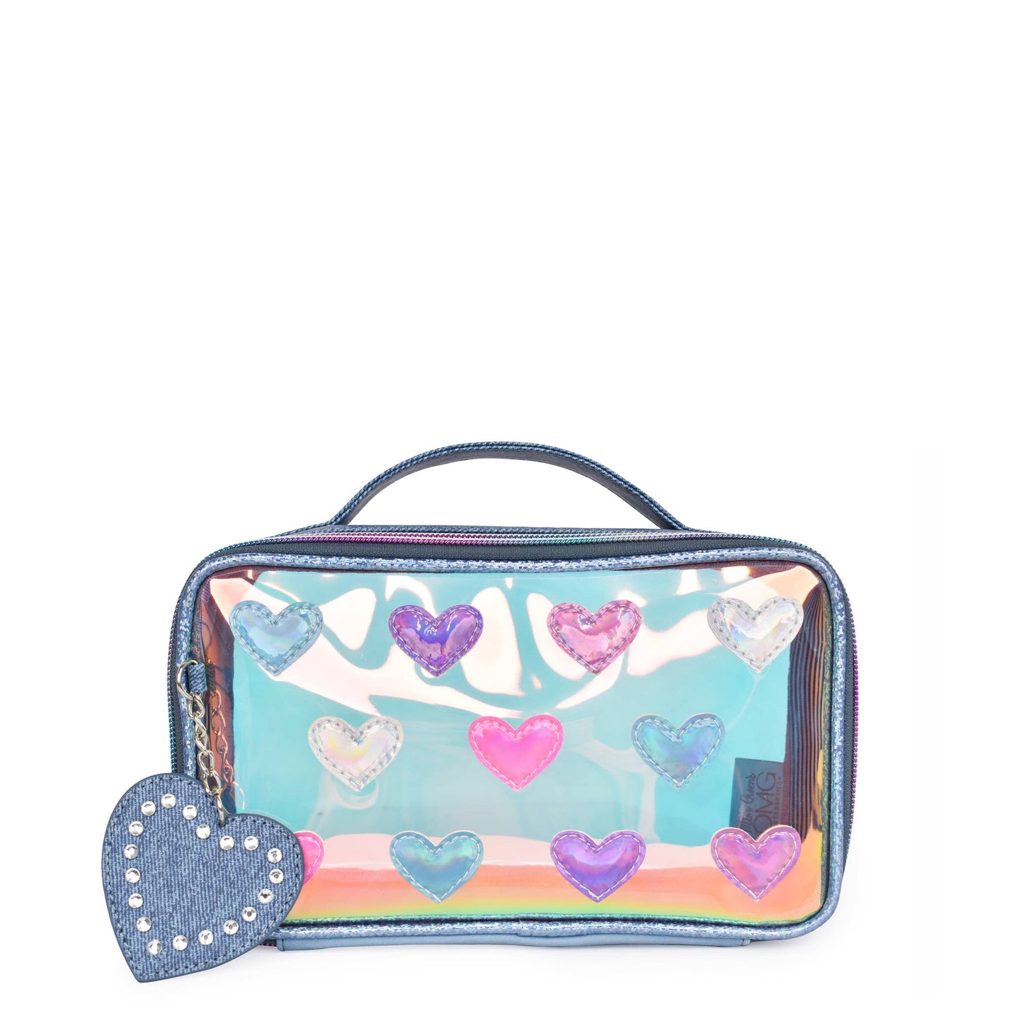 OMG ACCESSORIES Metallic Heart-Patched Denim Clear Glazed Top Handle