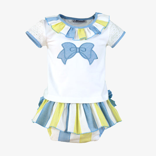 Front view of Miranda Blue & Yellow Stripe Girls Jam Pant Set featuring a white top with striped frill neckline, blue bow appliqué and matching striped jam pants.