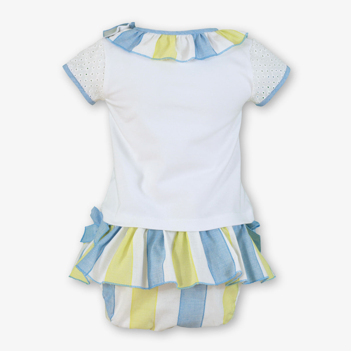 Rear of Miranda Blue & Yellow Stripe Girls Jam Pant Set featuring a white top with striped frill neckline, blue bow appliqué and matching striped jam pants.