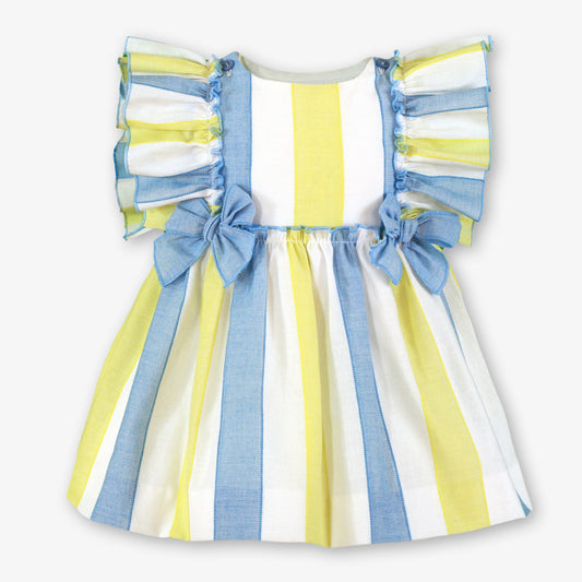 Front of Miranda Blue & Yellow Stripe Girls Dress with frill sleeves, blue bow waist details and blue, yellow and white striped fabric.