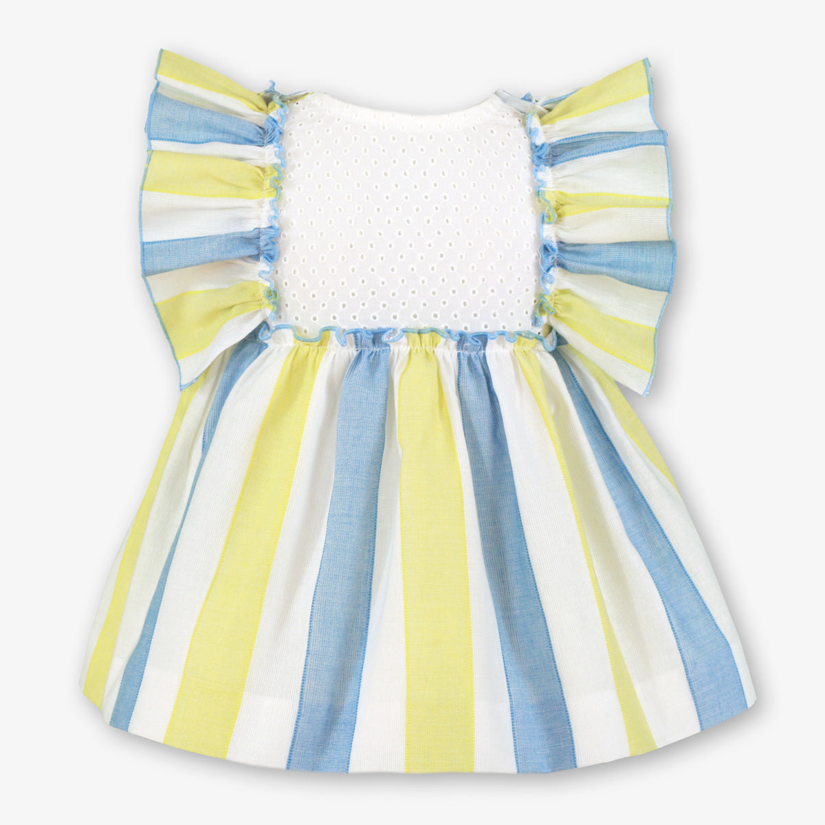Back of Miranda Blue & Yellow Stripe Girls Dress with frill sleeves, blue bow waist details and blue, yellow and white striped fabric.