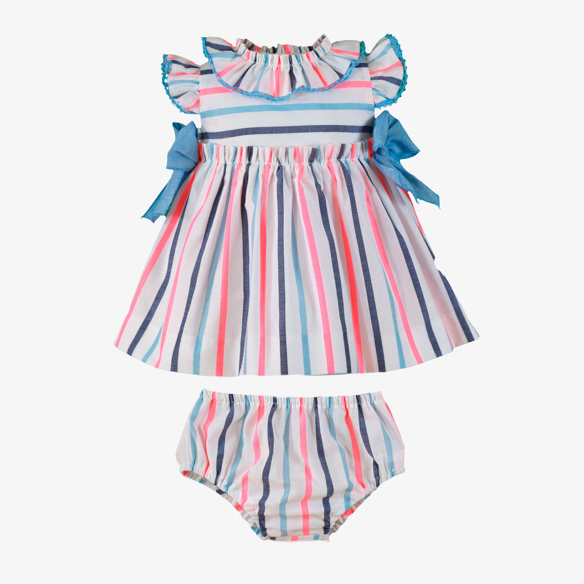 Miranda Neon and Blue Stripe girls dress with matching knickers front view