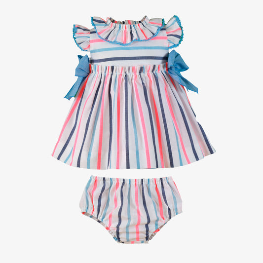 Miranda Neon and Blue Stripe girls dress with matching knickers front view