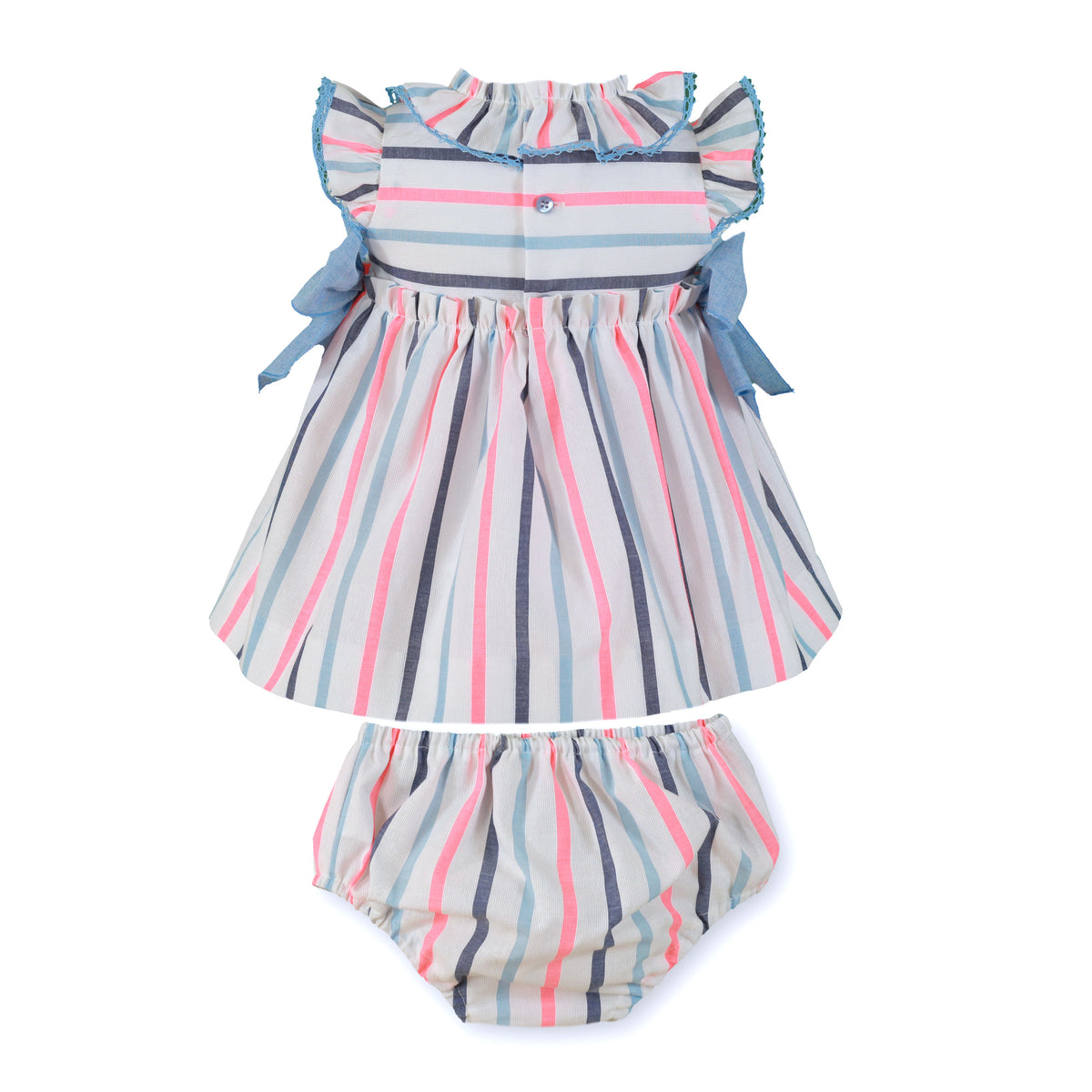Miranda Neon and Blue Stripe girls dress and knickers alternate view