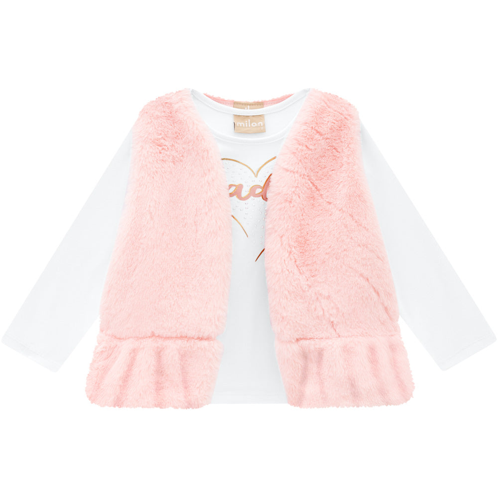 MILON Girls J'adore Pink & White Leggings Set with Faux Fur Gilet - 14561