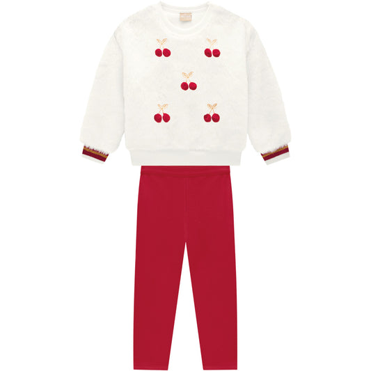 MILON Girls Cherry Red & Cream Faux Fur Leggings Set - 14596