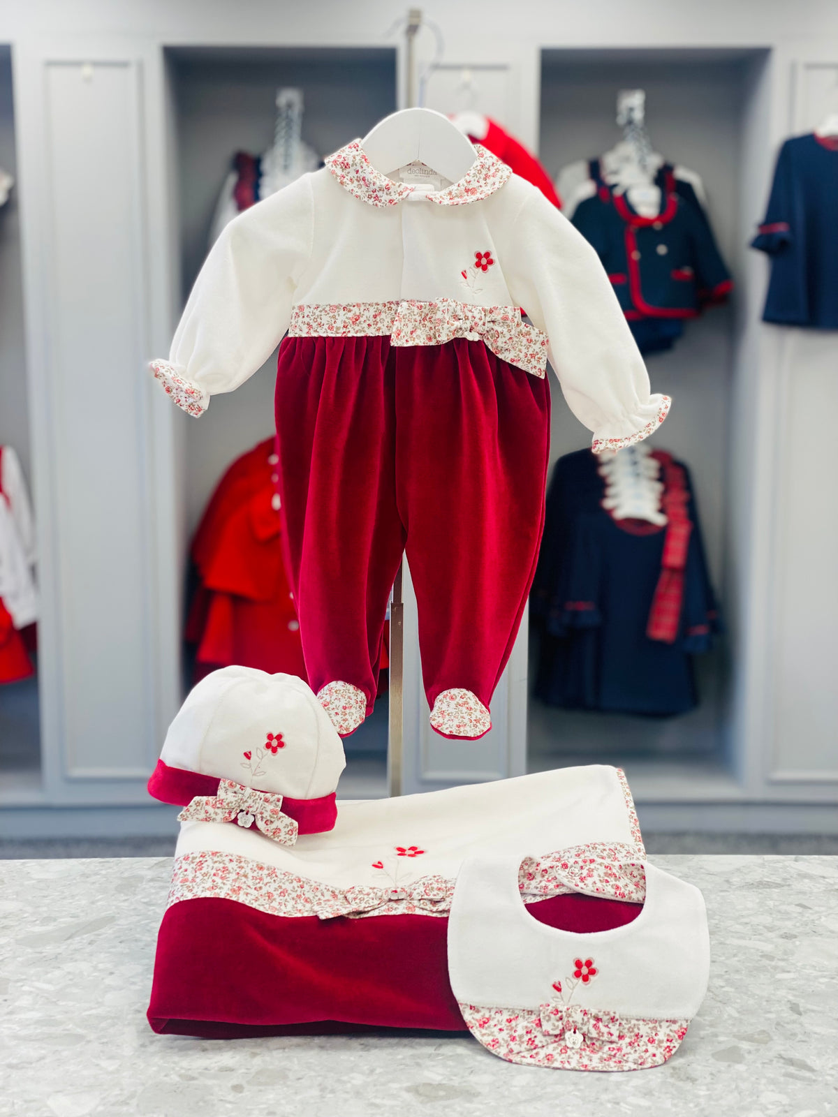 Deolinda Sarah girls red floral baby bib 25B22 - detail view