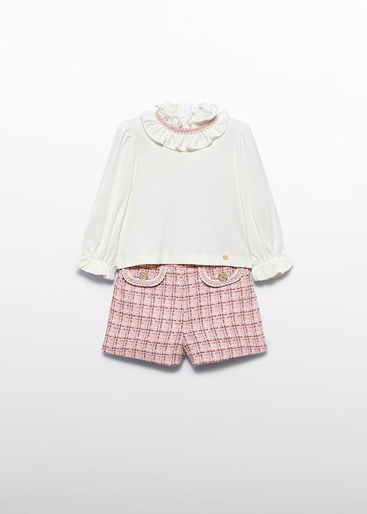 AW25 ABEL & LULA Petal Girls Pink Tweed Short Set with Jumper - 5710