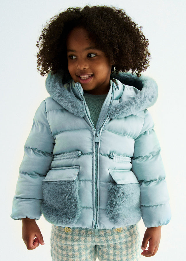 AW25 ABEL & LULA Aqua Girls Green Satin Padded Coat - 5849