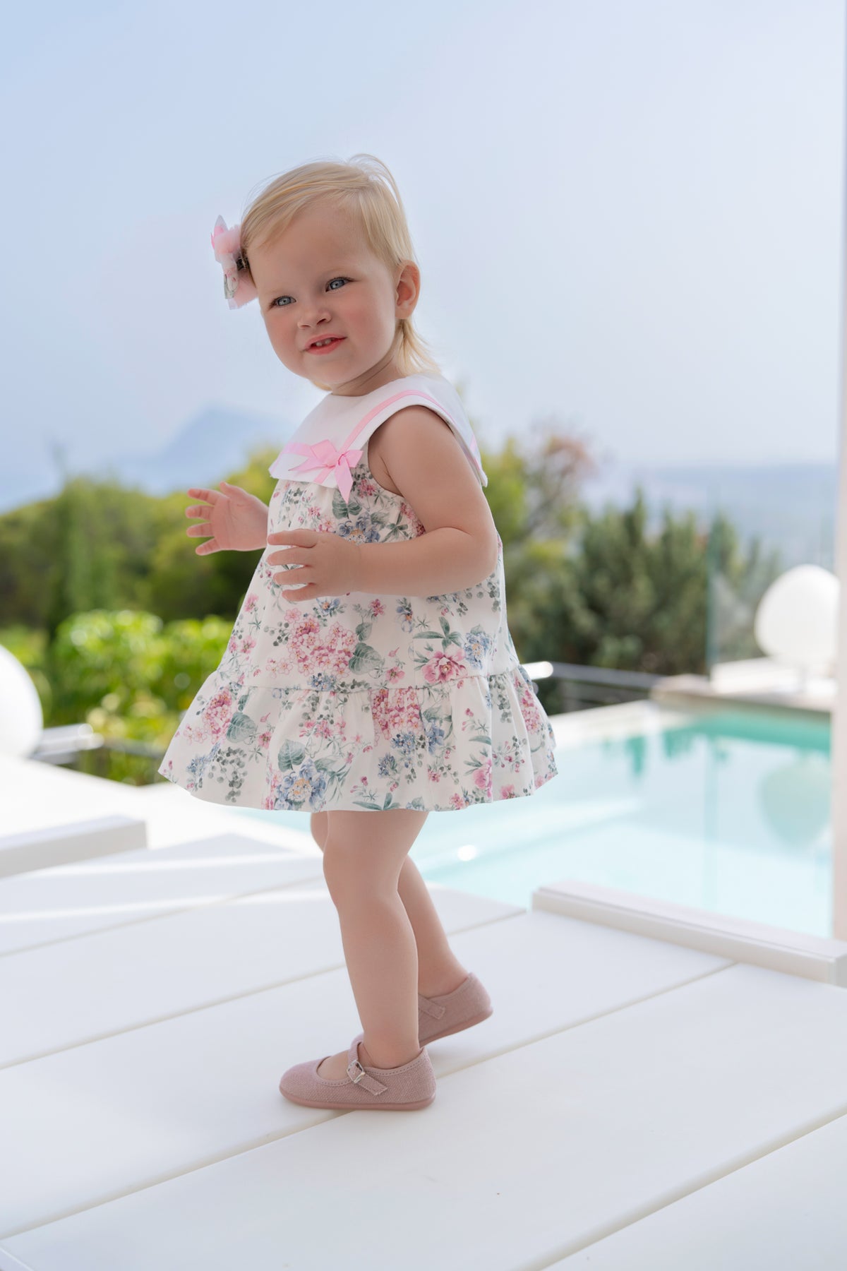 Miranda girls pink and green floral dress 152V side view