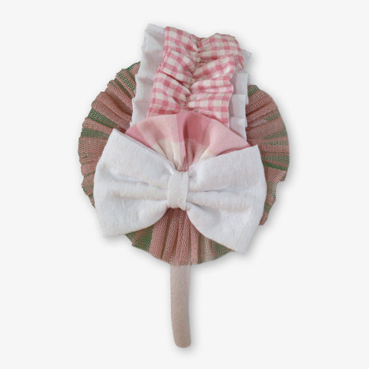 Miranda pink gingham girls headband with ivory bow, layered tulle rosette and gingham frill details