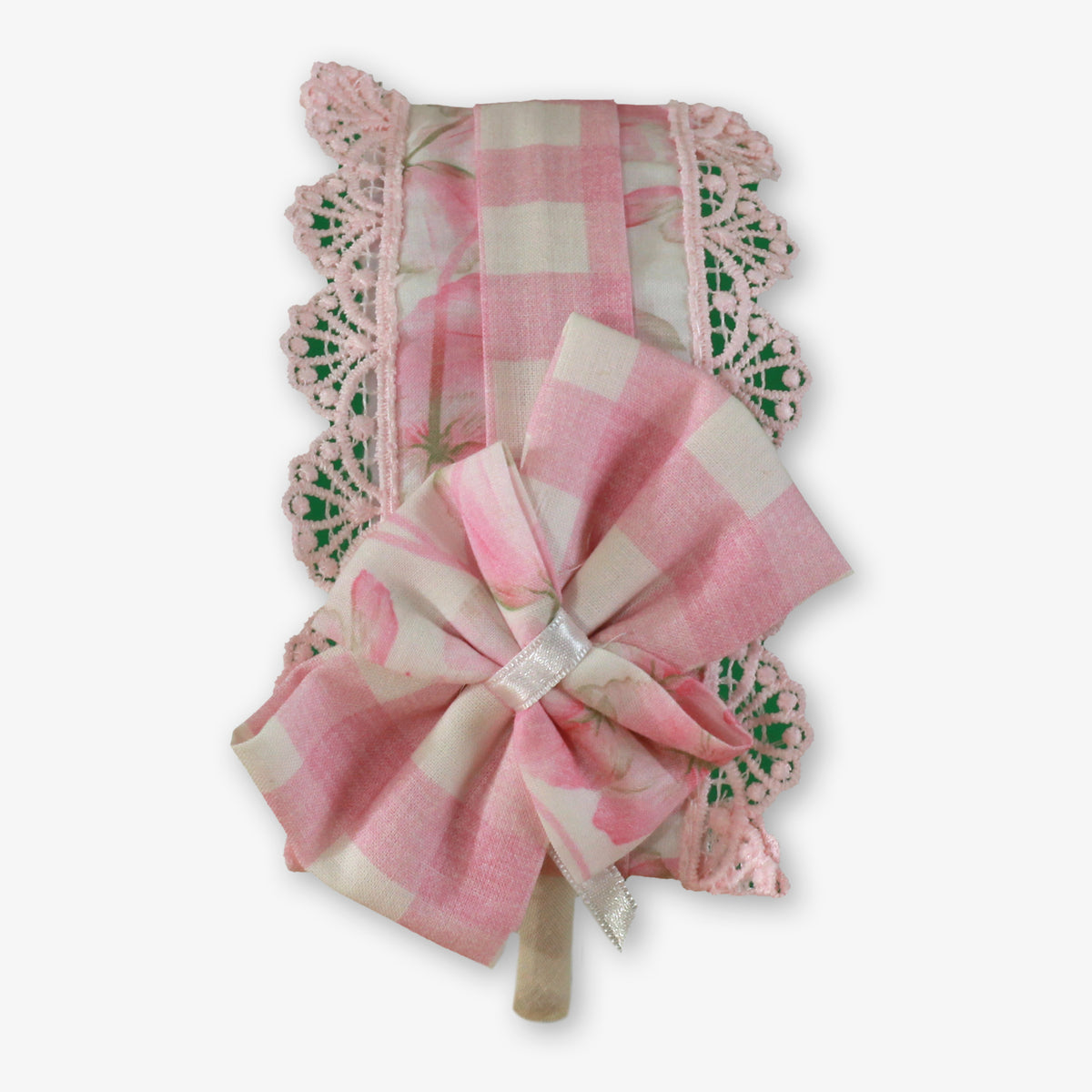 Miranda pink floral girls headband with large bow, pink gingham fabric and lace trim