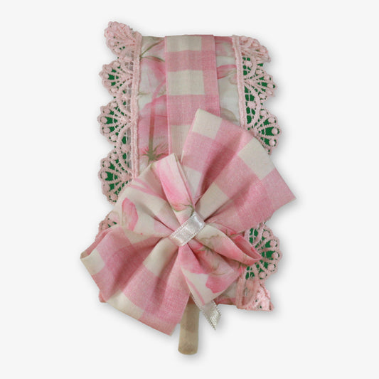 Miranda pink floral girls headband with large bow, pink gingham fabric and lace trim