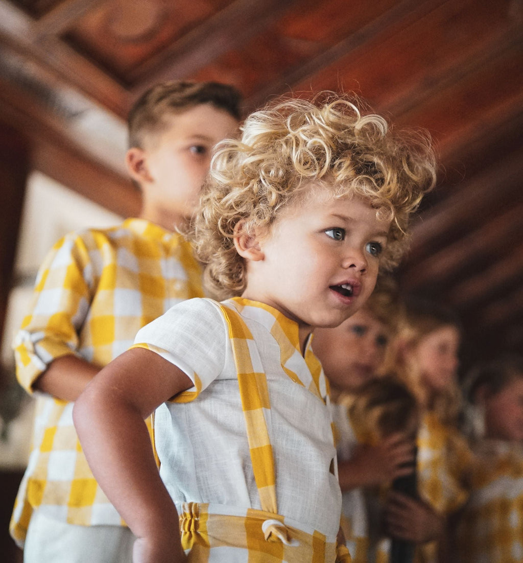 JOSE VARON Yellow Gingham Boys Romper Set