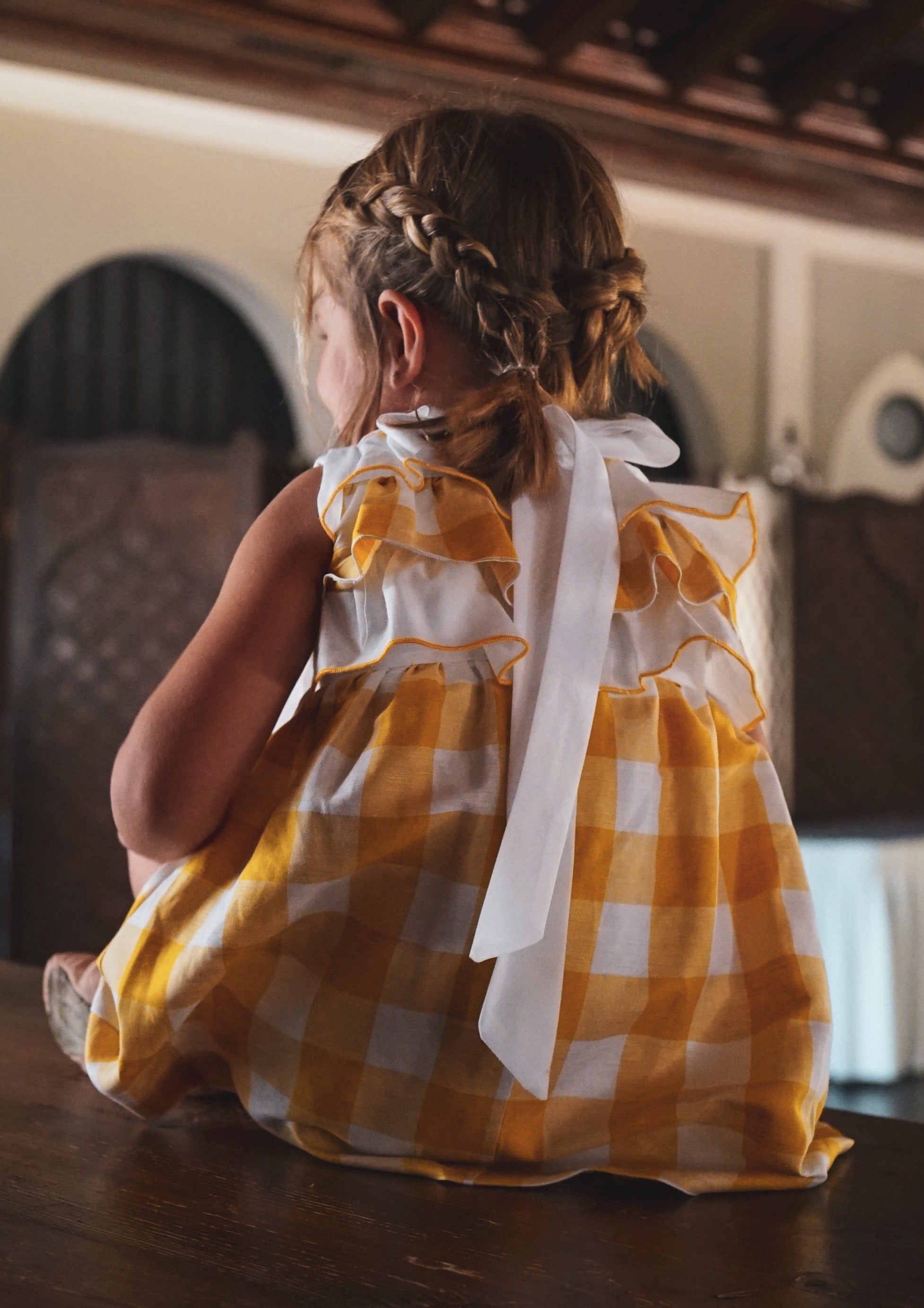 JOSE VARON Yellow Gingham Girls Dress 