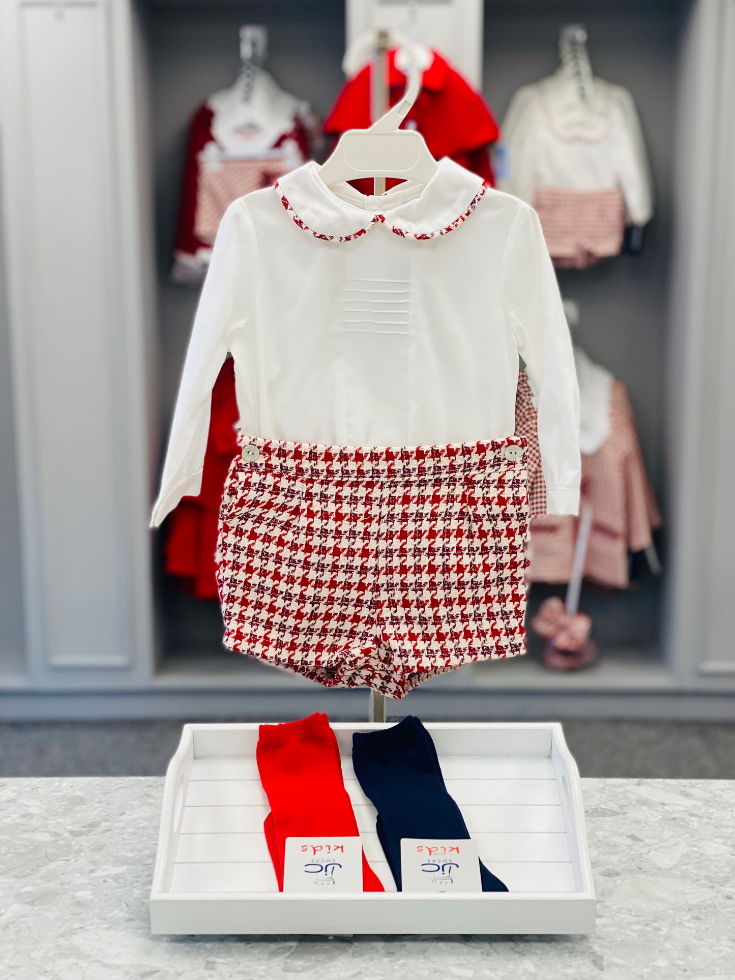 AW25 BASMARTI Red Dogtooth Boys Short Set - 25503