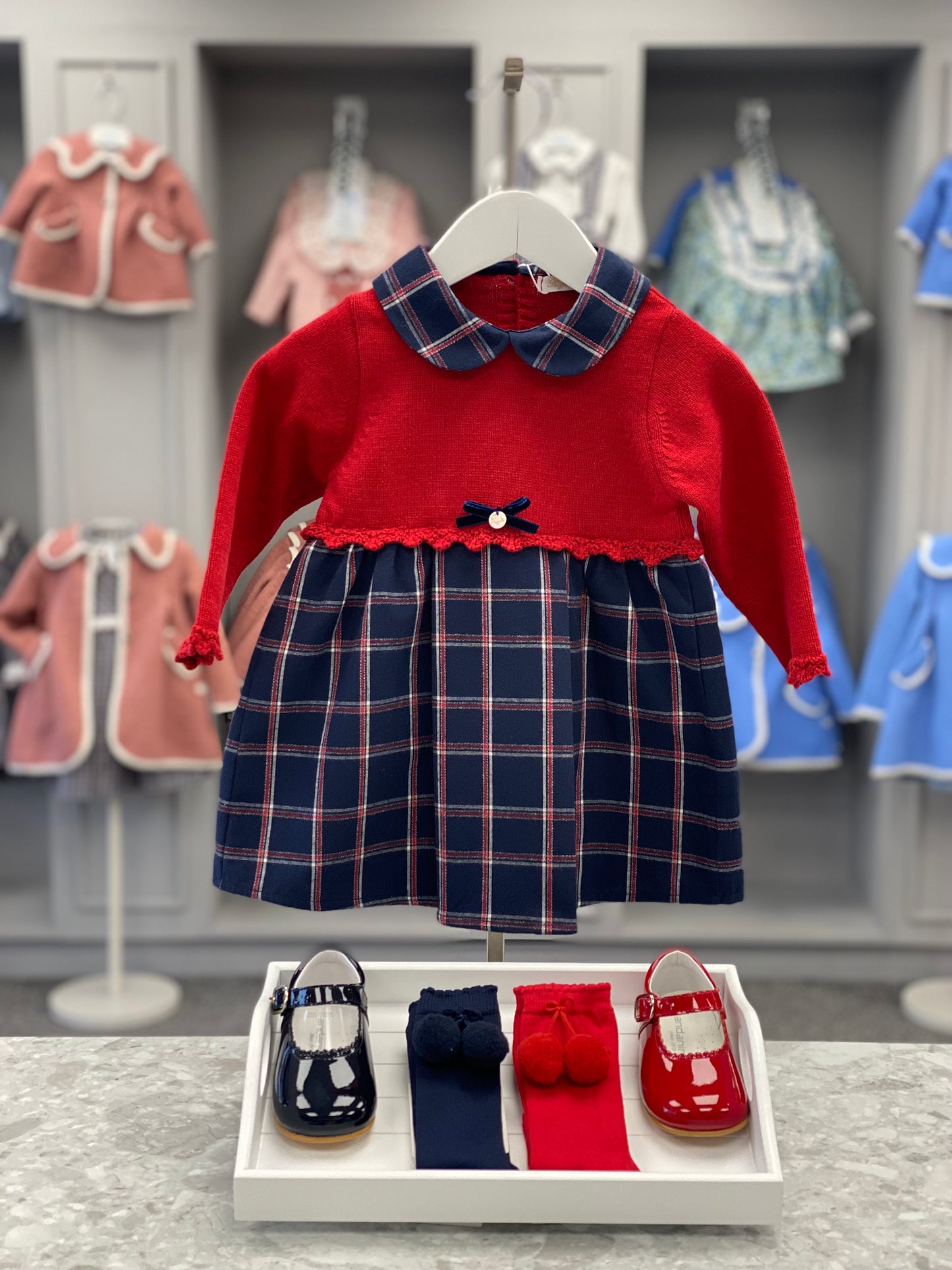 RIGOLA Navy & Red Check Girls Dress