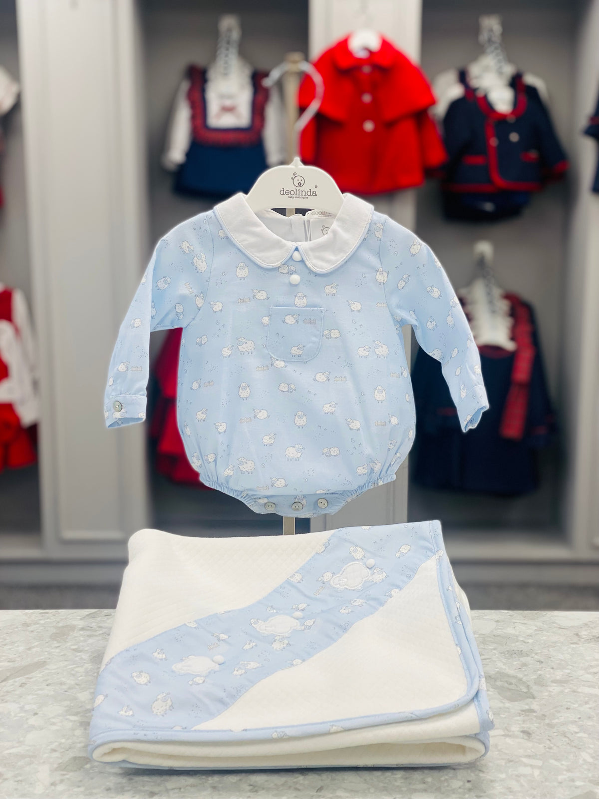 Deolinda Montana boys blue sheep romper 25503 - detail view