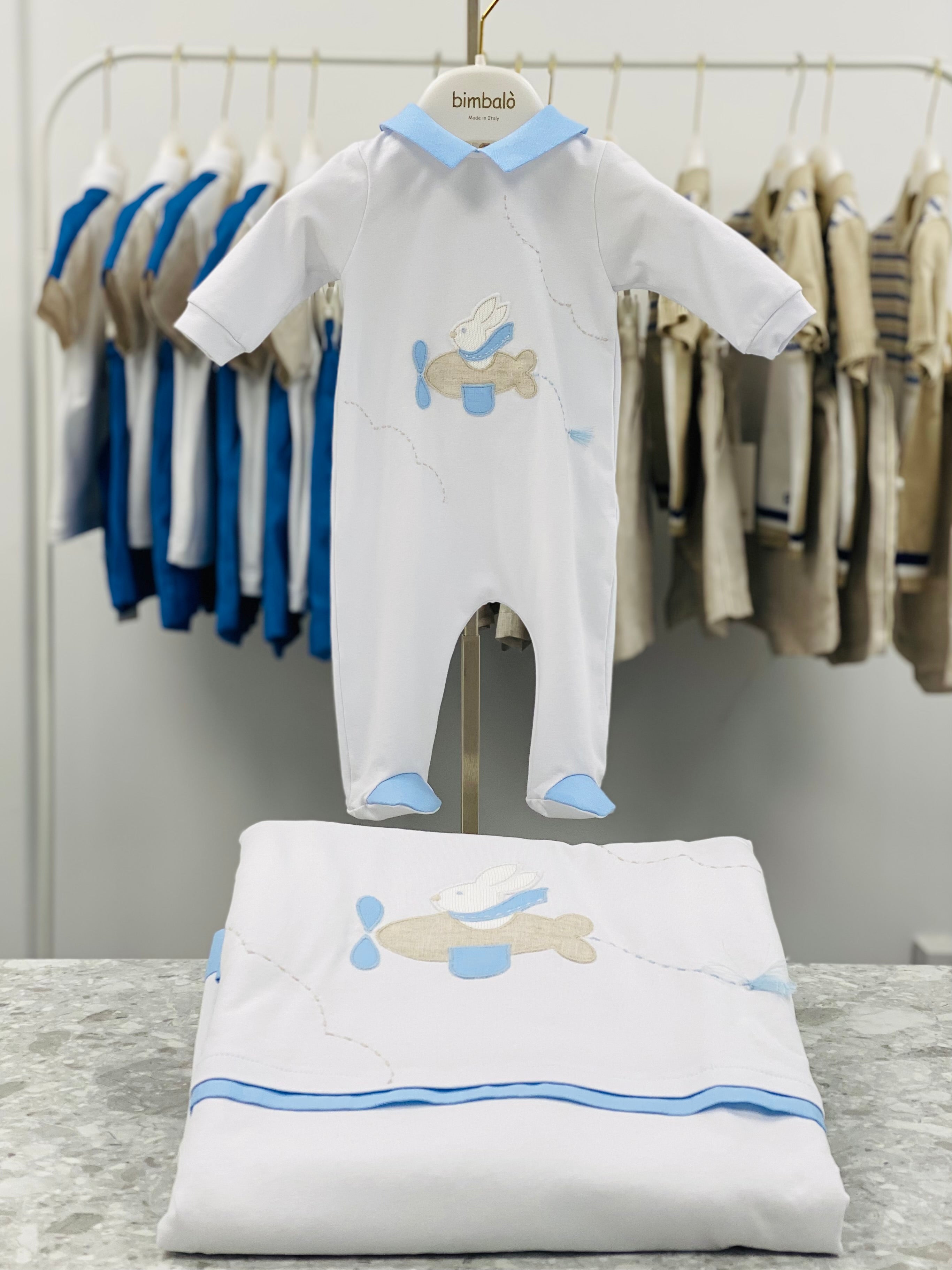 BIMBALO Boys Blue Aeroplane Babygrow & Blanket