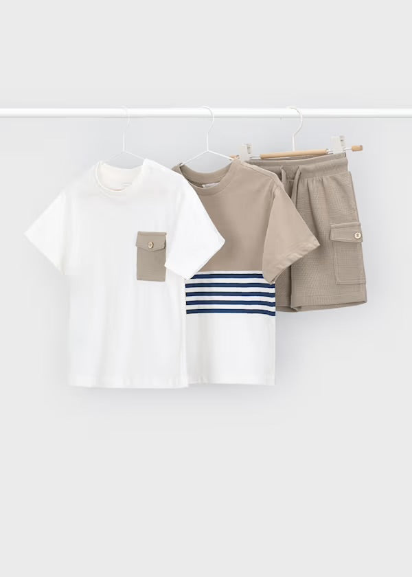 Mayoral boys beige three-piece shorts set 3601